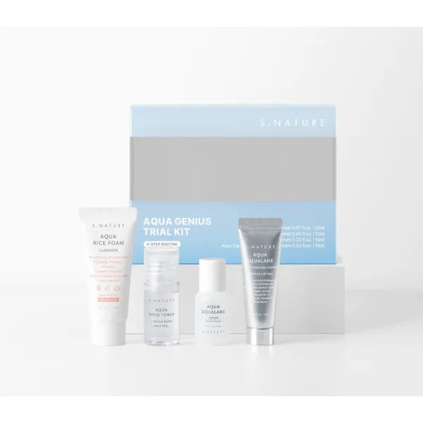 S.NATURE Aqua Genius Trial Kit – 4-Step Hydrating Skincare Set with Foam Cleanser, Toner, Serum & Cream (20ml+12ml+10ml+10ml) | Travel Size Korean Skincare Kit for Deep Moisture & Pore Care