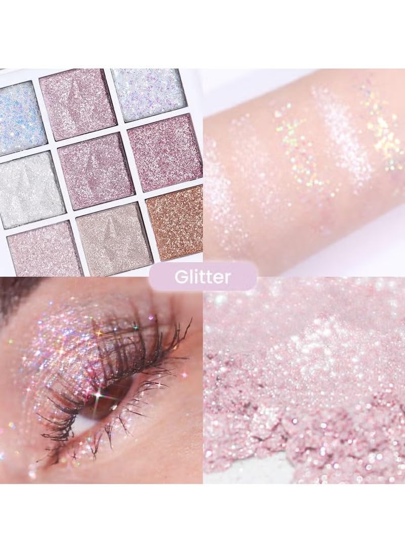 ORiTi 9 colors Pink Glitter Eye Shadow Palette Makeup,White Pink Purple Glitter Shimmer Sparkle Warm Pastel Eyeshadow Palette Colorful,Highly Pigmented Long Lasting Waterproof Naturing-Looking