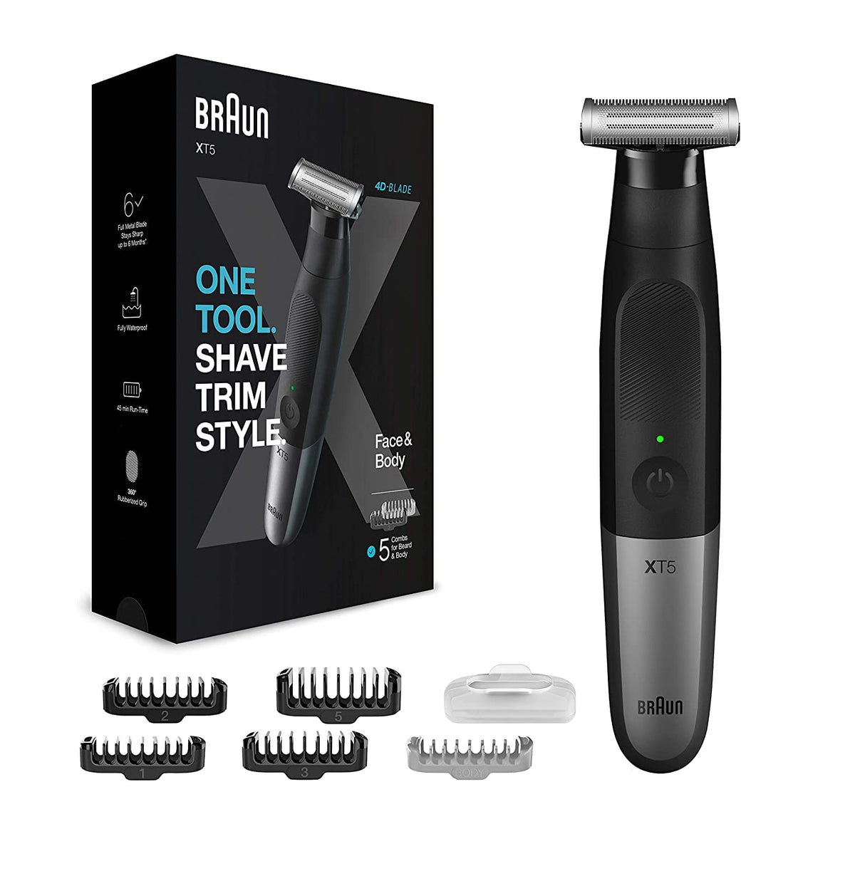 Braun Series X All-in-One Showerproof Beard Trimmer, Shaver, and Body Groomer for Men, with 5 combs for Face & Body, Gifts for Men, XT5100, black/silver