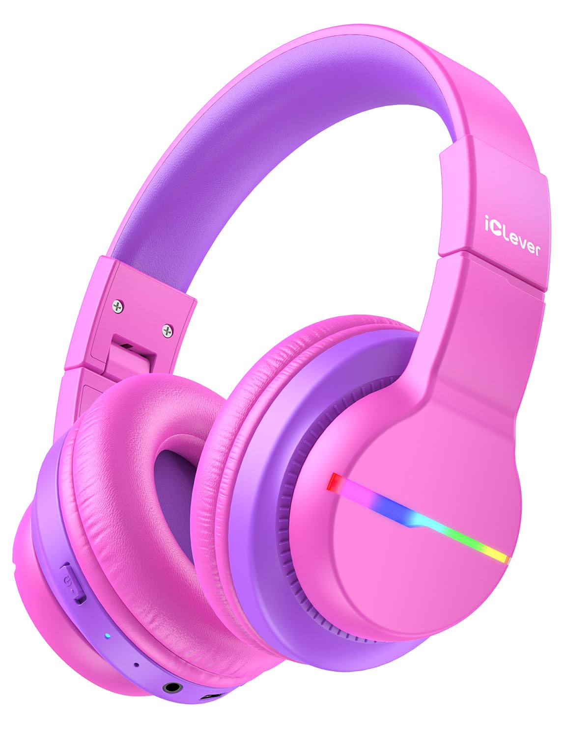 iClever BTH12 Wireless Bluetooth Headphones with Microphone, Colorful LED Lights, Limited Volume 74/85/94dB, 55 Hours of Work, Bluetooth 5.2, Built-in Microphone - hot pink