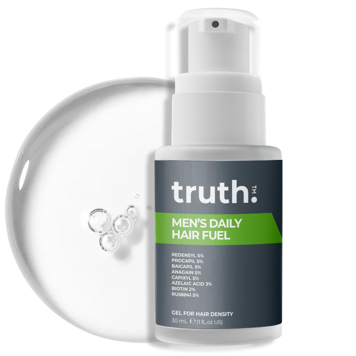 truth Men's Daily Hair Fuel 30ml RU58841 5% + REDENSYL 5% + PROCAPIL 5% + BAICAPIL 5% + ANAGAIN 5% + CAPIXYL 5% + AZELAIC ACID 3% + BIOTIN 2% + VITAMIN B5 2% FORMULATED IN KOREA