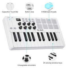 25 Key USB MIDI Keyboard Controller With 8 Backlit Drum Pads, Bluetooth Semi Weighted Professional dynamic keybed 8 Knobs and Music Production,Software Included (White)