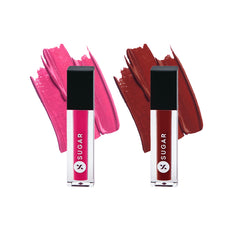 SUGAR Cosmetics Smudge Me Not Matte Liquid Lipstick Combo with Pouch | 1.1 ml | Lasts Upto 12 hrs - Pack of 2 (07 Rethink Pink & 01 Brazen Raisin)
