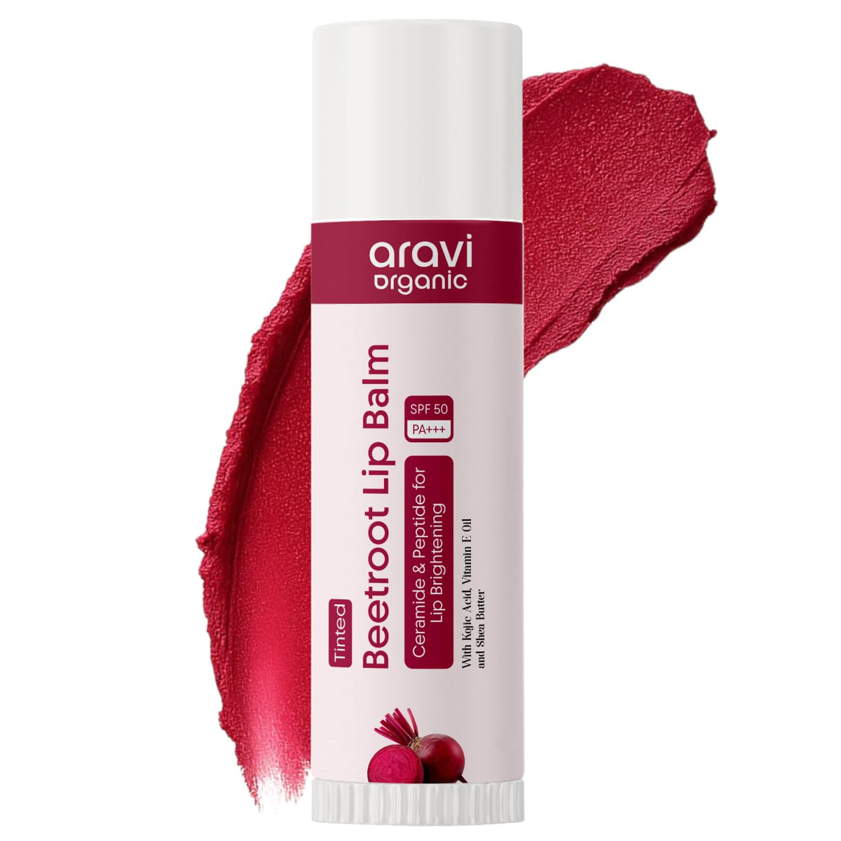 Aravi Organic Beetroot Tinted Lip Balm SPF 50 PA+++ | For Dark & Pigmented Lips | Hydrates Dry & Chapped Lips | Enriched with Kojic Acid, Ceramide, Peptide | Soft, Glossy for Men & Women | 5g