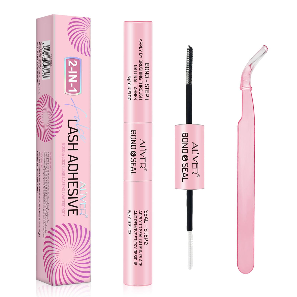 ALIVER Eyelash Adhesive and Sealant, 2 in 1 Eyelash Adhesive and Sealant and Pink Tweezers, Waterproof, Sweatproof, Cluster Eyelash Glue for Eyelash Extensions, Long Lasting Strong Eyelash Glue Pink