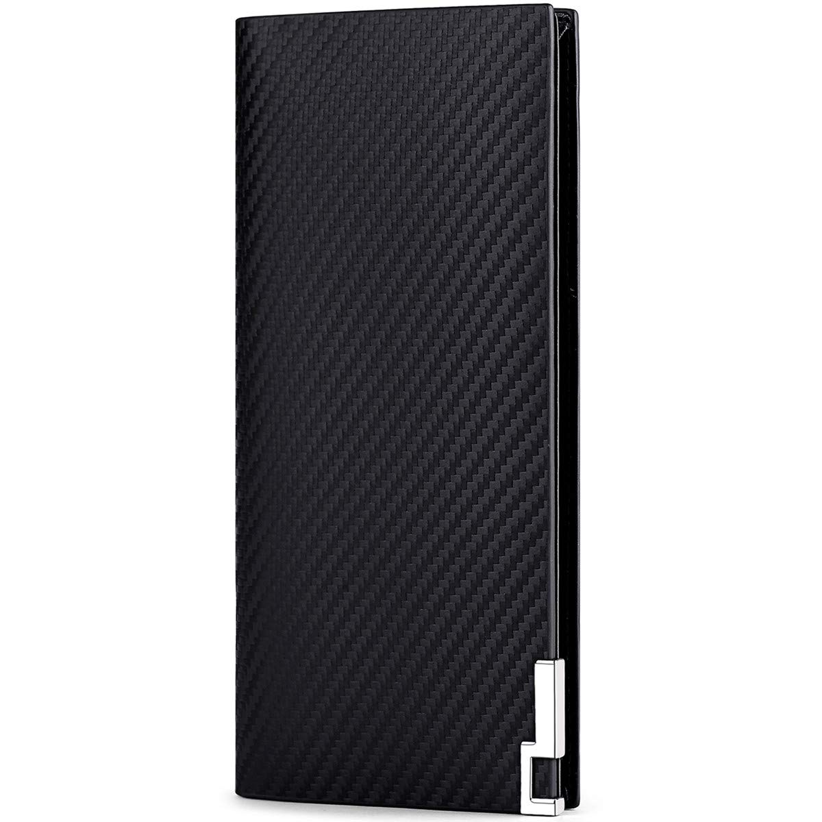 JEEBURYEE Men's Vintage Genuine Leather Long Bifold Wallet RFID Blocking Card Holder, Carbon Fiber Black, L