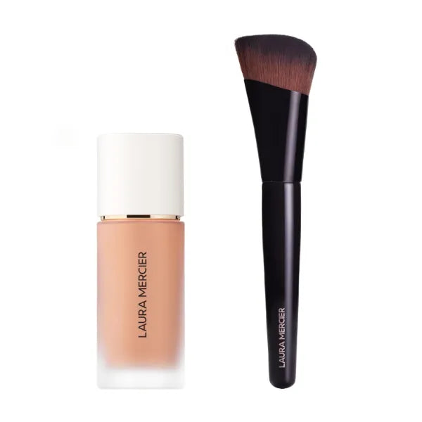 Laura Mercier Real Flawless Weightless Perfecting Waterproof Liquid Foundation: Medium-Buildable Coverage, 12 HR Fade-Proof Wear, Hydrating, Non-Comedogenic, 3N2 Camel + Foundation Brush Bundle