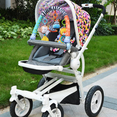 AMERTEER Baby Stroller Toy Bar| Sensory Hanging Toys for Baby Bouncer & Stroller Arch| 3PCS Soft Cloth Animal Arch with Rattle, Music Box & Bibi| Infant Travel Play for Motor Development (L70cm,H24cm)