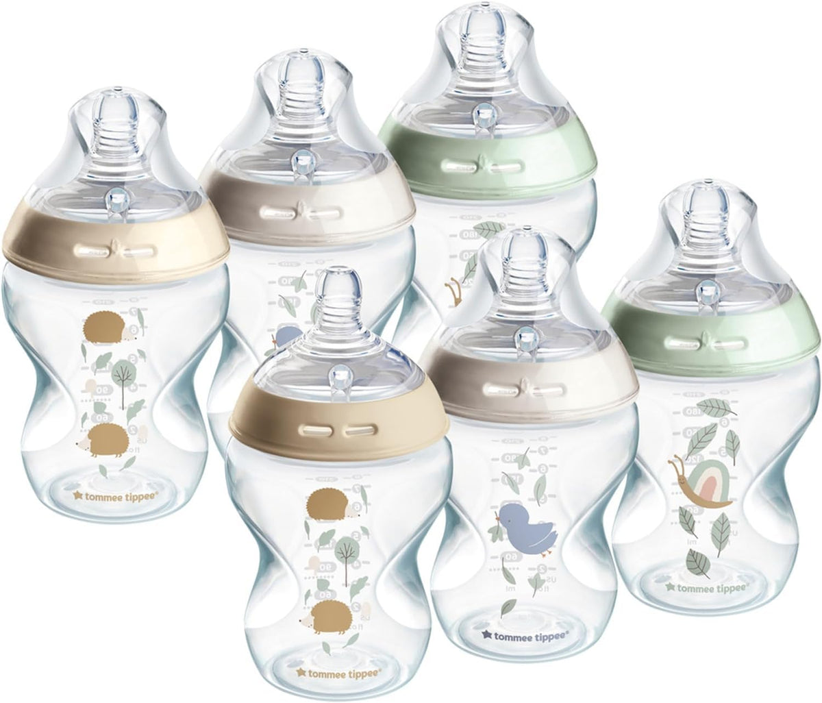 Tommee Tippee Closer to Nature Baby Bottles, Slow-Flow Breast-Like Teat with Anti-Colic Valve, 260ml, Pack of 6, Be Kind Multicoloured