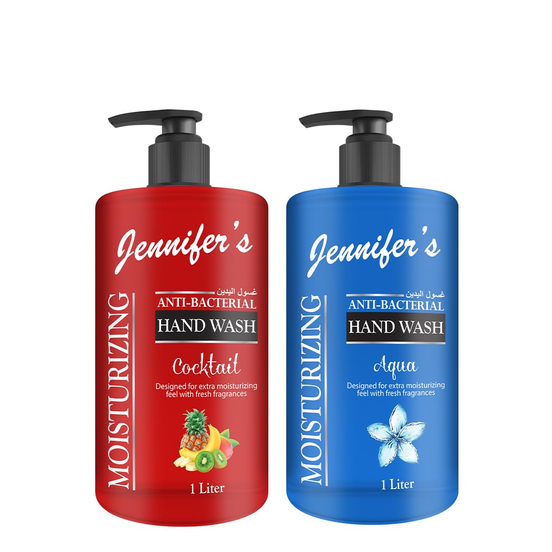 Jennifer's Aqua & Cocktail Anti-Bacterial Hand Wash 1 Liter (Pack of 2) - Extra Moisturizing, Cleanses & Protects,Kills 99.9% Germs, Hydrating Formula, Refreshing Scent 2 Liters