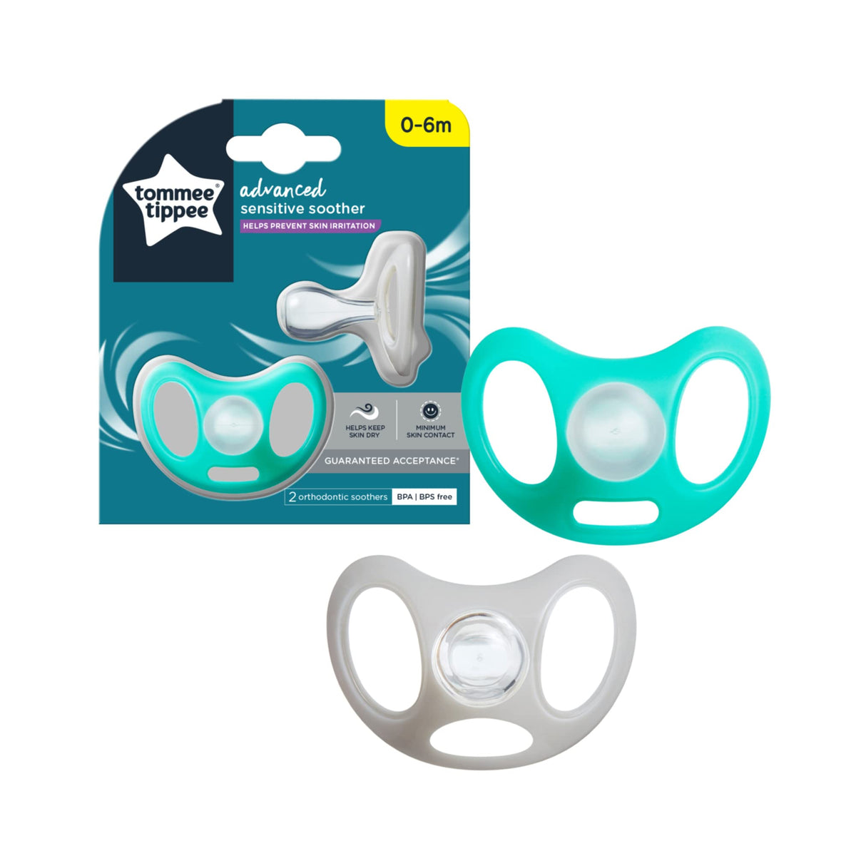 Tommee Tippee Advanced Sensitive Skin Soother, Unique Shield for Less Skin Contact, Symmetrical Orthodontic Design, 0-6m, Pack of 2 Dummies