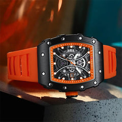 CURREN New Rectangular Luminous Watch Men Sports Casual Silicone Bracelet Semi Hollow Auto Date Dail Wristwatch 8438 - Orange