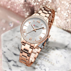 Curren Fashion Casual Luxury Quartz Women's Watches Waterproof Automatic Watches Original Design Elelgant Lover's Gift Diamond Gold Women's Watch (ROSE WHITE)
