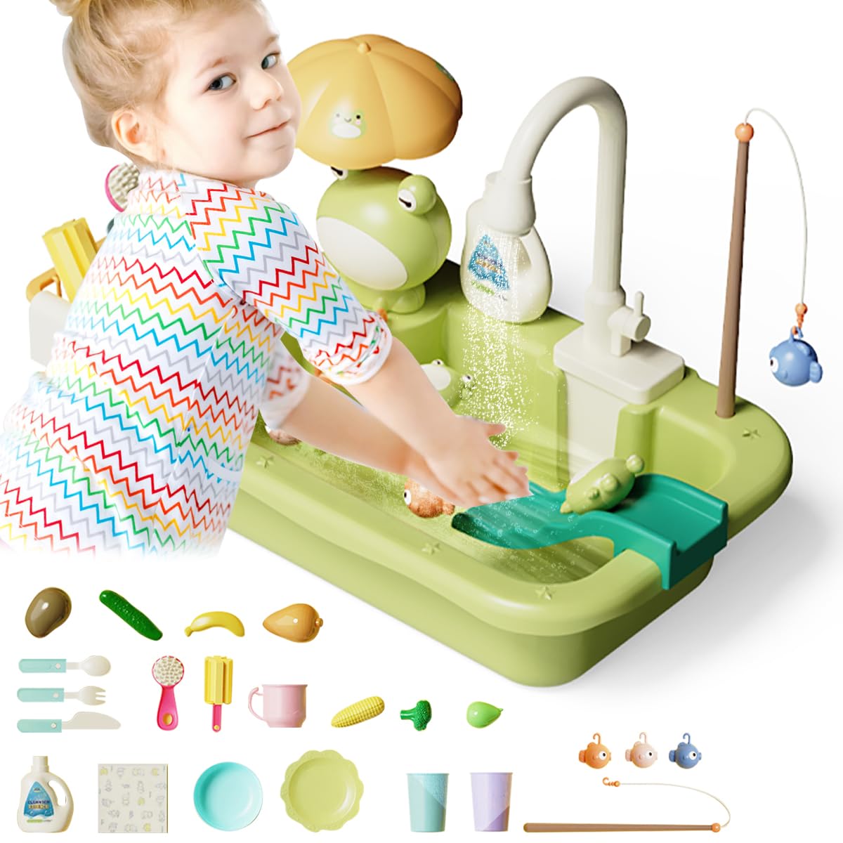 Kids Kitchen Sink Toys Electronic Dishwasher Playing Sink 44PCS Pretend Role Play Toys Upgraded Real Working Faucet & Dishes Play Set with Automatic Running Water Cycle System for Boys Girls Toddler