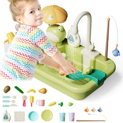Kids Kitchen Sink Toys Electronic Dishwasher Playing Sink 44PCS Pretend Role Play Toys Upgraded Real Working Faucet & Dishes Play Set with Automatic Running Water Cycle System for Boys Girls Toddler