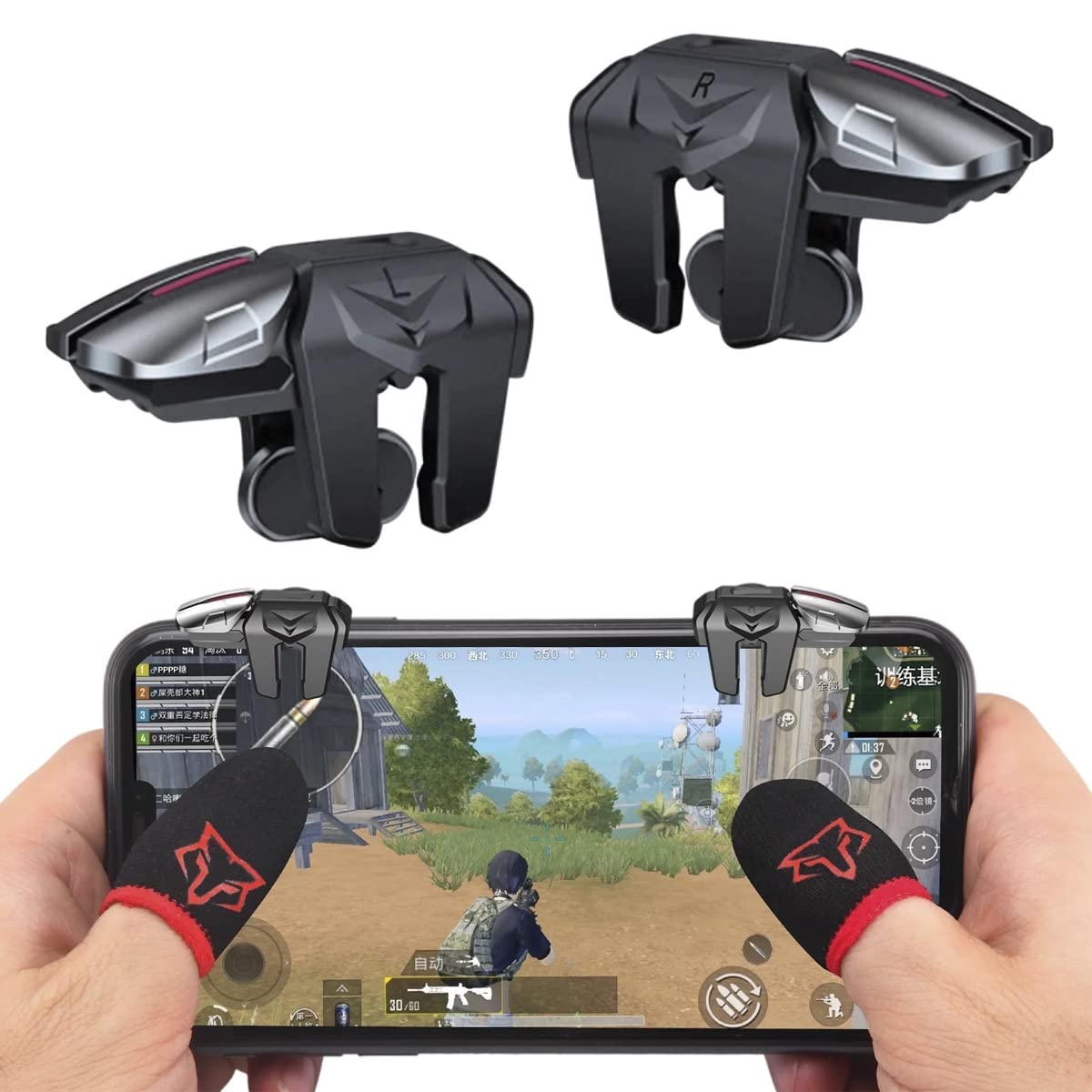 Sarafox F6 Cell Phone Triggers with 4 Buttons L1R1 L2 R2 + Gamer Thimbles for Shooting Games Like PUBG, Free Fire, Fortnite and More