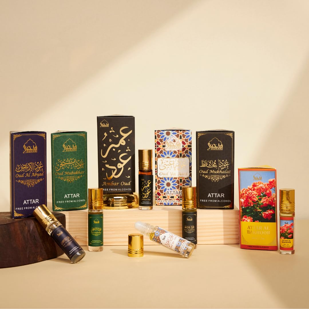 Dukhni Ma’amoul Attar Oil Set | Authentic Arabic Fragrance Oils| Long- lasting Halal Scents for Ramadan & Eid Gifts | Oud Mukhalat, Oud Mubakhar, Oud Abyad, Oud Ya Aini, Attar Al Bakhoor, Ambar Oud