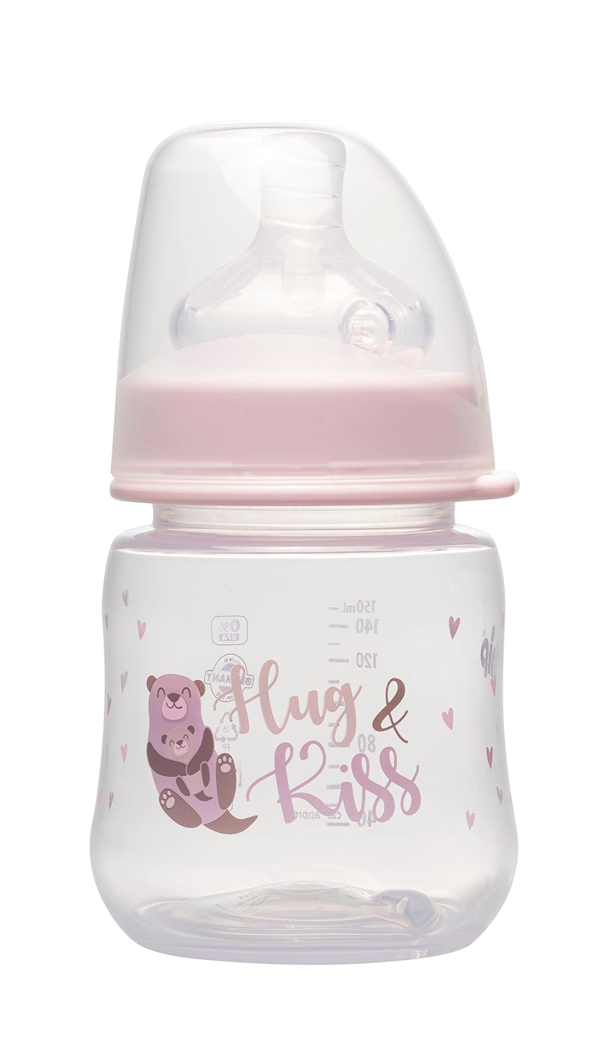 nip Nip, Wide Neck PP Bottle, Round Teat-S, Silicone-Made, With Integrated Anti-Colic Vent, 150 ml, Hug & Kiss Pink