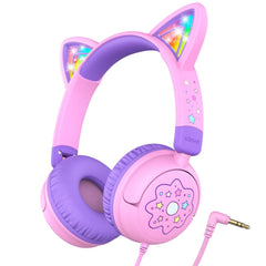 iClever Kids Cat Ear Headphones, LED Light, 85dB Safe Sound, Toddler Stereo Headphones for Travel and School, 3.5mm Foldable Wired Headset for iPad and Tablet Meow Lollipop - Pink