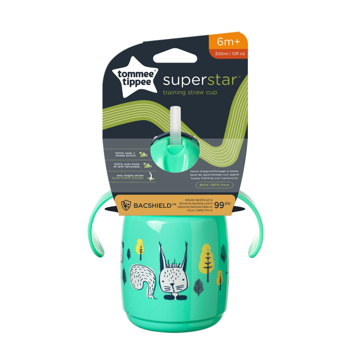 Tommee Tippee Superstar Weighted Straw Cup for Toddlers with INTELLIVALVE 100% Leak and Shake-Proof Technology and Hygienic BACSHIELD Antibacterial Technology, 6m+, 300ml, Pack of 1, Green