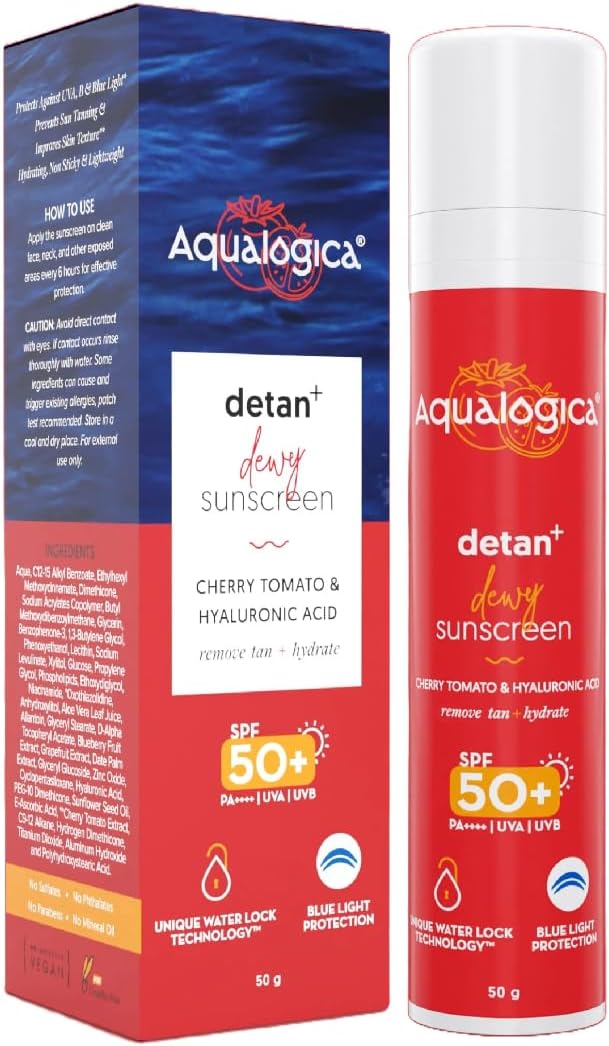 Aqualogica Detan+ Dewy Lightweight Sunscreen with SPF 50+ & PA++++ for UVA/B & Blue Light Protection | Normal, Sensitive & Dry Skin | Tan Removal & No White Cast for Men & Women - 50g