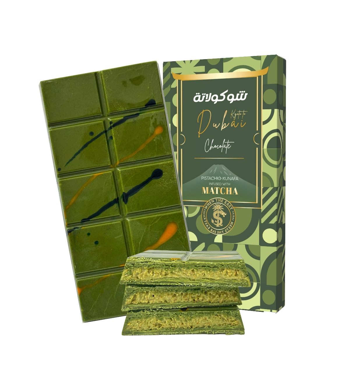 Le Damas Dubai Chocolate, Pistachio Matcha with Kunafa, Dubai chocolate infused with Matcha Tea - 200g