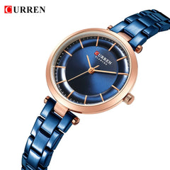 CURREN Ladies analog watch rose gold stainless steel case blue dial blue stainless steel bracelet
