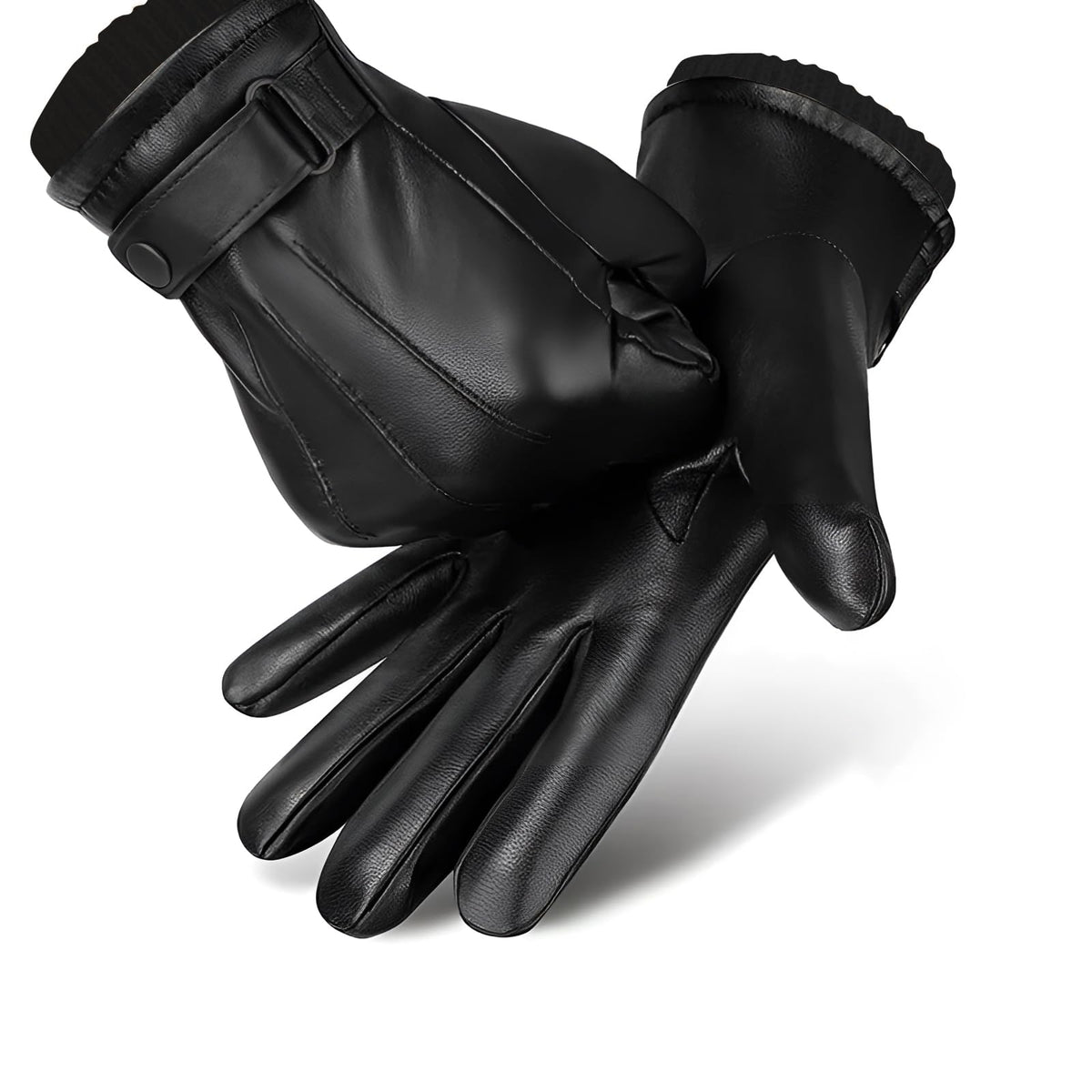 SANKUU Men's Winter Black Gloves Leather Touchscreen Snap Closure Cycling Glove Outdoor Riding Warm Waterproof Gloves - Black