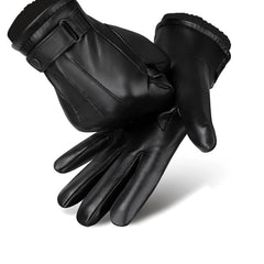 SANKUU Men's Winter Black Gloves Leather Touchscreen Snap Closure Cycling Glove Outdoor Riding Warm Waterproof Gloves - Black