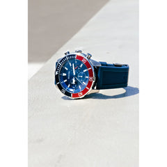 Bulova Men's Sport 6-Hand Chronograph Quartz Watch with Silicone Strap, 24 Hour Time, Calendar Date, Luminous Hands and Markers, 100M Water Resistant, 44mm - Blue Rubber Strap/ Stainless