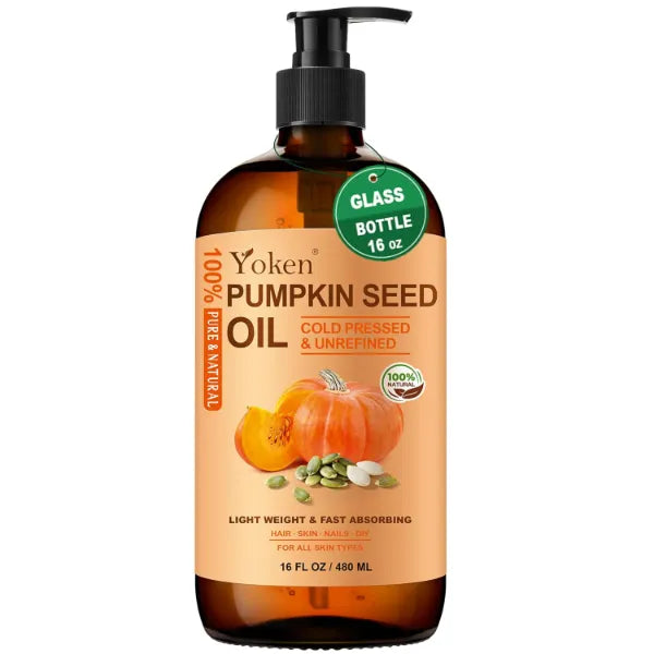 Yoken Pumpkin Seed Oil for Hair & Scalp Care, Glass Bottle, Unrefined, Cold-Pressed & Hexane-Free, Nourishes Hair, 100% Pure & Natural Pumpkin Oil for Skin & Body Massage, with Pump - 16 fl oz