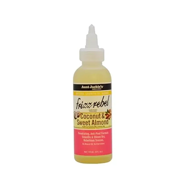 Aunt Jackie's Natural Growth Oil Blends Frizz Rebel  Coconut and Sweet Almond, Smooths and Shines Dry, Rebellious Tresses, Anti Poof Formula, 4 oz