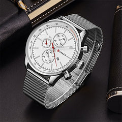 CURREN Watches Mens Brand Luxury Stainless Steel Quartz Watch Men Casual Waterproof Clock Men Sport Wristwatch (Silver white)