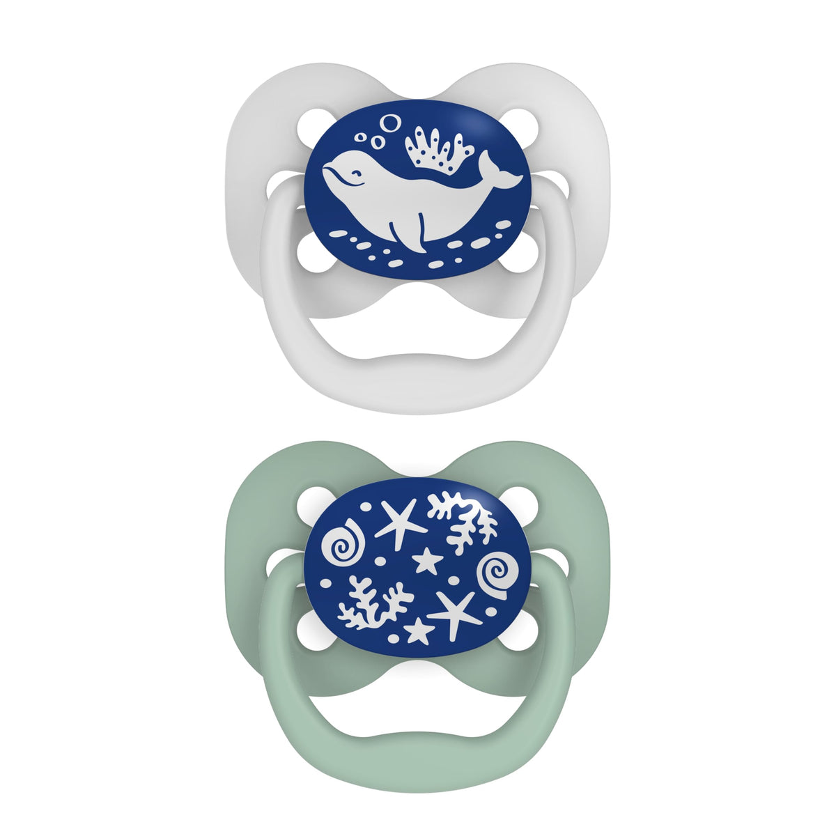 Dr. Brown's Advantage Glow-in-the-Dark Baby Pacifier, Fully Symmetrical Soother with Soft Silicone Bulb, 0-6m, BPA Free, Blue Ocean, 2 Pack (Style May Vary)
