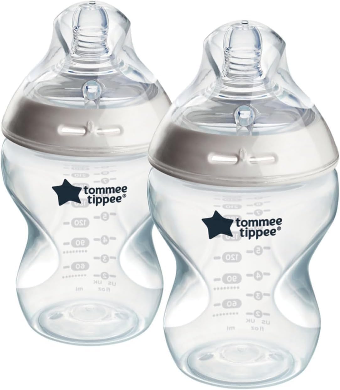 Tommee Tippee Closer to Nature Baby Bottles, Slow-Flow Breast-Like Teat with Anti-Colic Valve, 260ml, Pack of 2, Clear
