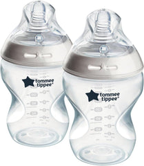 Tommee Tippee Closer to Nature Baby Bottles, Slow-Flow Breast-Like Teat with Anti-Colic Valve, 260ml, Pack of 2, Clear