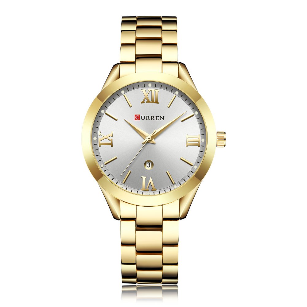 Curren 9007 Women Quartz Movement Watch Analog Auto Date Simple Wrist Watch (gold white)