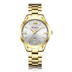 Curren 9007 Women Quartz Movement Watch Analog Auto Date Simple Wrist Watch (gold white)