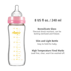 Matyz 8 Ounce Glass Baby Feeding Bottle with , Light and Slim Bottle Easy to Hold, Food Grade Borosilicate Glass, Wide Neck Breastmilk Feeding Bottle Easy to Clean, BPA Free (Pink Lids)