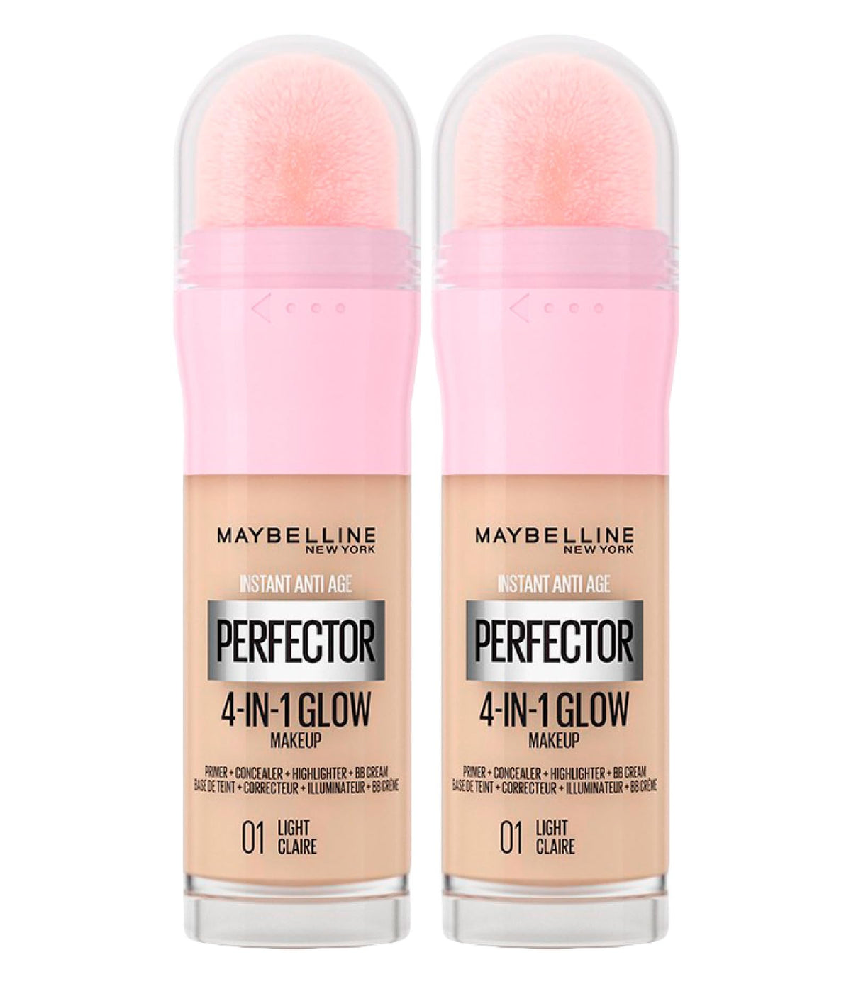 Maybelline New York Instant Age Perfector Glow 4-in-1 Concealer BB Cream Highlighter Primer Colour 01 Light Claire with Application Sponge - 2 Bottles of 20 ml