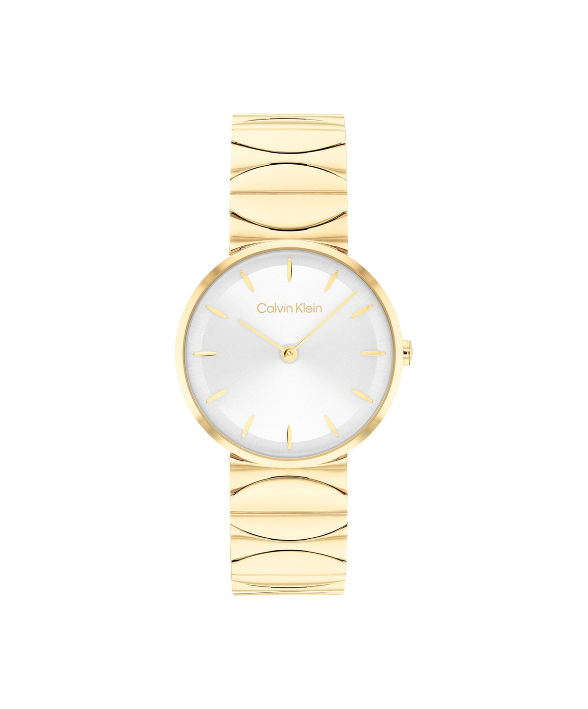 CALVIN KLEIN WOMEN'S SILVER WHITE DIAL IONIC PLATED THIN GOLD STEEL BRACELET WATCH - 25100043