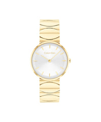 CALVIN KLEIN WOMEN'S SILVER WHITE DIAL IONIC PLATED THIN GOLD STEEL BRACELET WATCH - 25100043