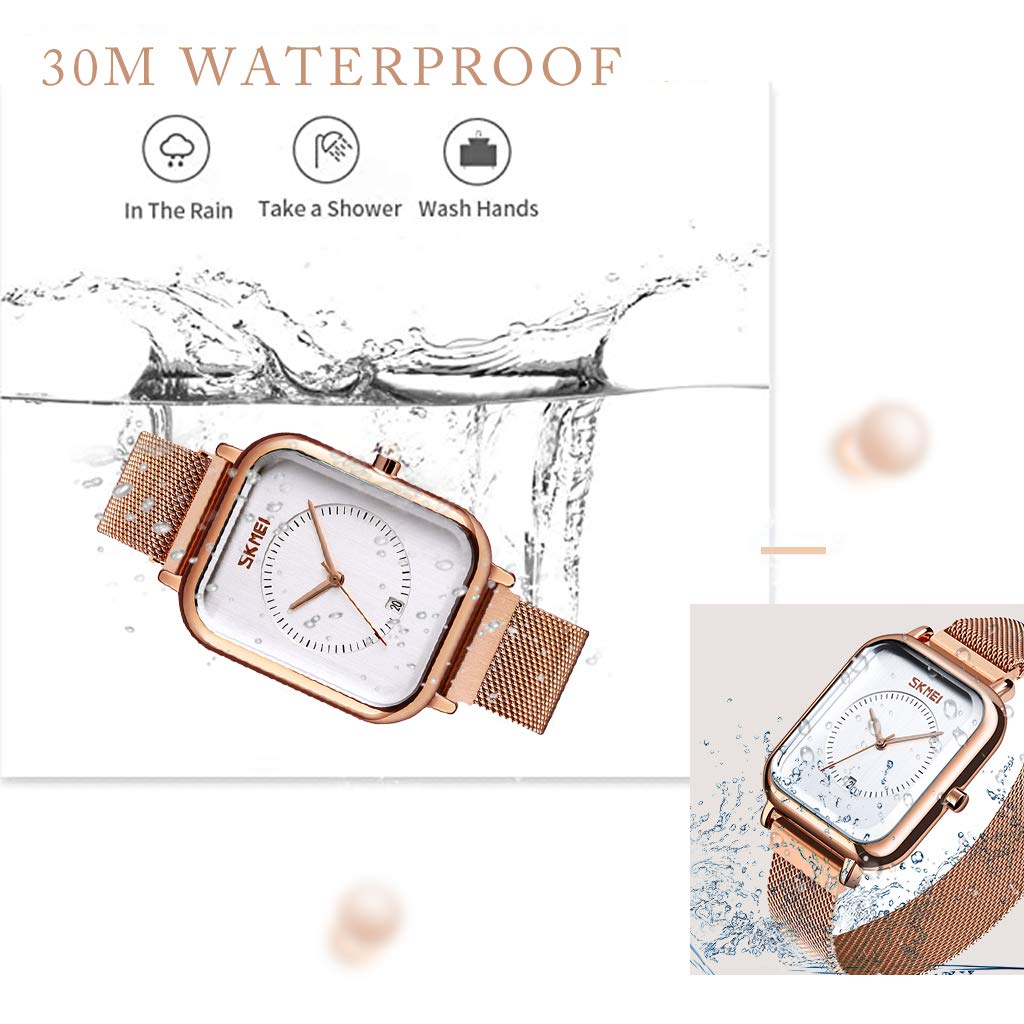 SKMEI Wrist Watch for Men Women, Fashion Waterproof Quartz Analog Watch with Time Date, Rectangle Dial Business Dress Hand Watch for Couple - Rose Gold