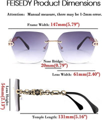 Rimless Sunglasses for Women Metal Square Frame Classic Diamond Grandient lens Eyewear UV Protection Fashion Shades for Women B2567