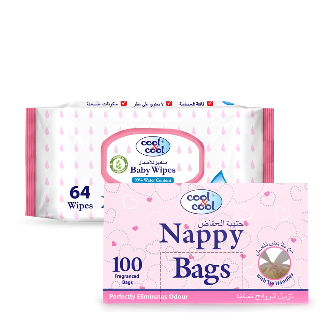 Cool & Cool Nappy Bags 100's - Mildly Scented Diaper Disposable Bags + Baby Aqua Wipes 64's - 99%,Alcohol Free, Fragrance-Free, Gentle on Skin - Combo Pack