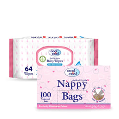 Cool & Cool Nappy Bags 100's - Mildly Scented Diaper Disposable Bags + Baby Aqua Wipes 64's - 99%,Alcohol Free, Fragrance-Free, Gentle on Skin - Combo Pack