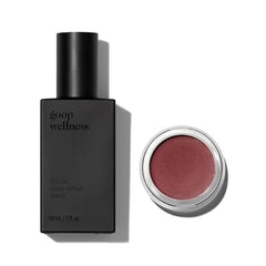 goop Beauty Cream Blush and Massage Oil Bundle 0.5 oz Soft Berry Cream Blush for a Sheer Pop of Color on Lips & Cheeks 2 fl oz of Mess Free Oil for a Couples Massage or Self Care Gift Set