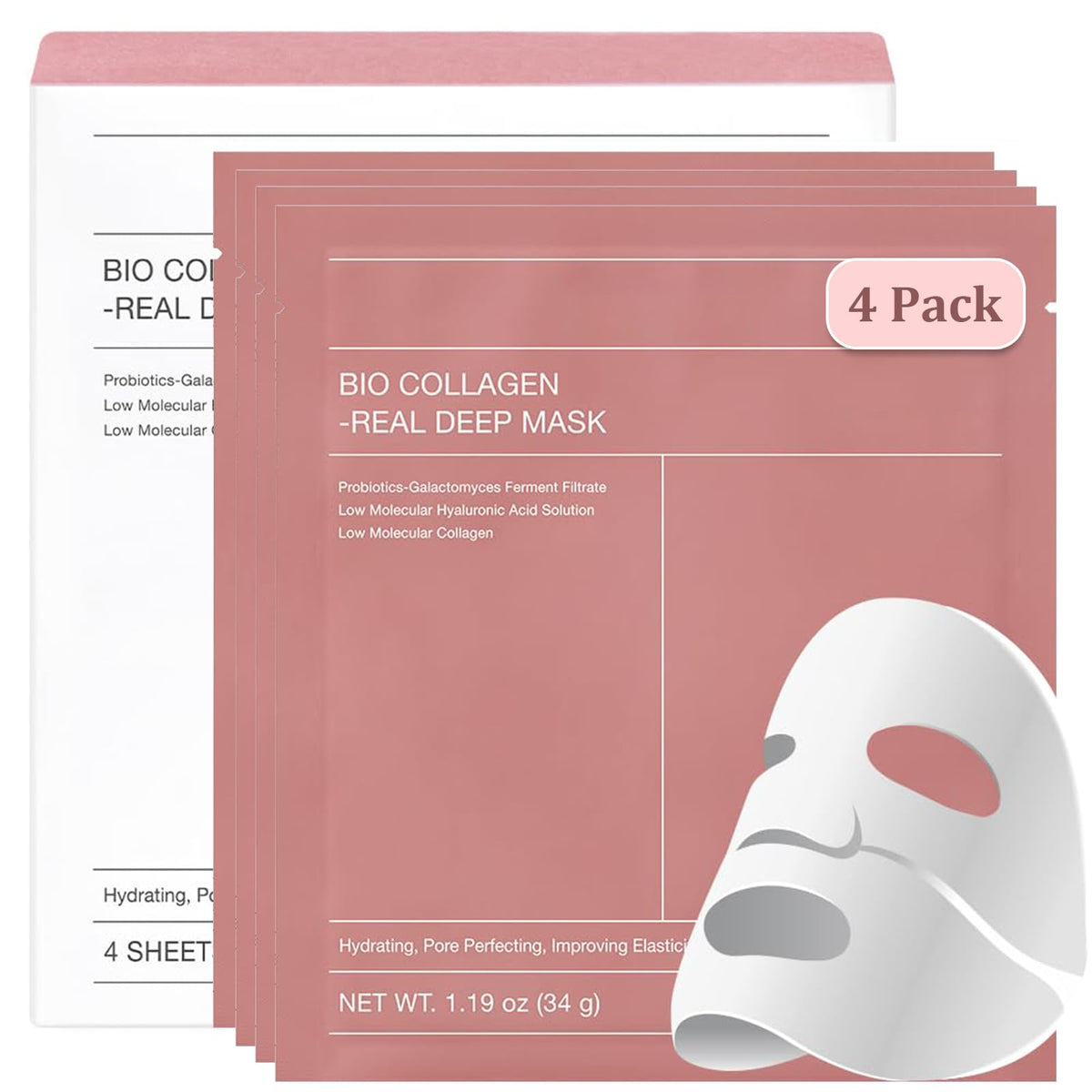 Bio-Collagen Real Deep Mask, Hydrating Overnight Hydrogel Mask, Elasticity Improvement, Pore Minimizing, For All Skin Types, Travel Essentials 34g (4 Pack)