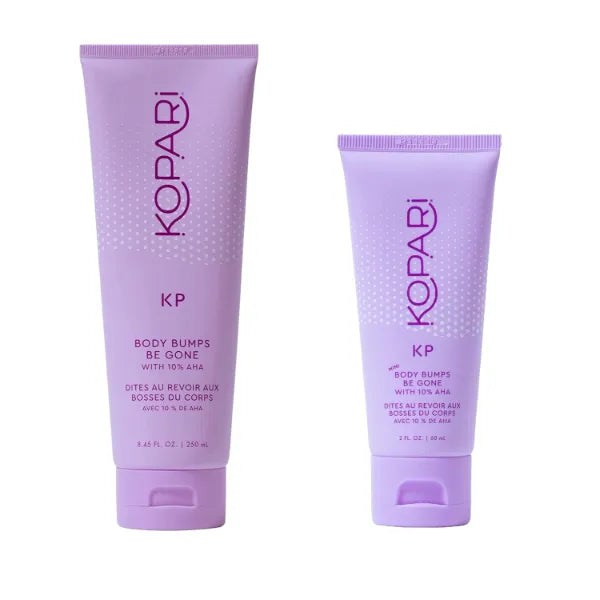 Kopari KP Scrub Full Size and Travel Size Set | Body Bumps Be Gone Scrub with 10% AHA, to Smooth Skin, Reduce Bumps, Decongest Pores, Clarifying, Gently Exfoliate & Wash | 8.45 fl oz and 2 fl oz