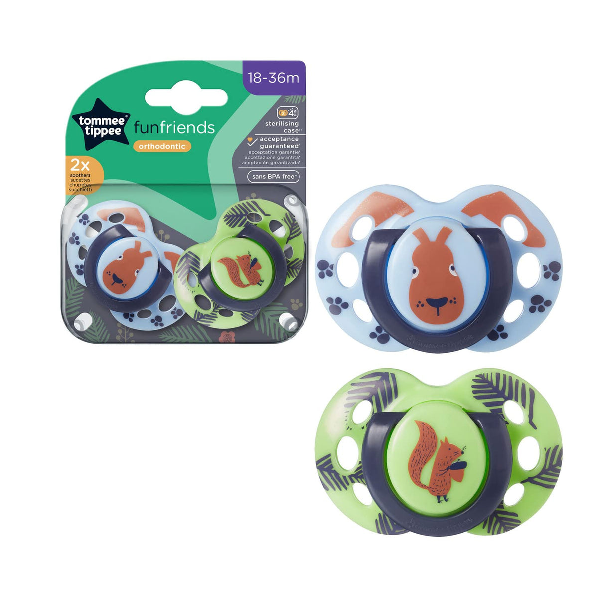 Tommee Tippee Fun Style Soothers, Symmetrical Orthodontic Design, BPA-Free Silicone Baglet, Includes Steriliser Box, 18-36m, Pack of 2, Blue